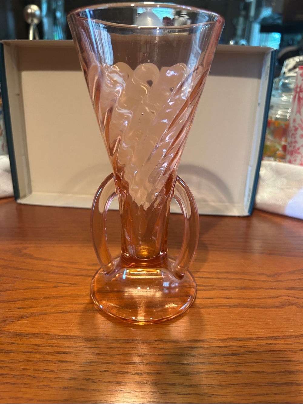 Imperial Pink Glass twisted optic trumpet Double-Handled Decorative Vase